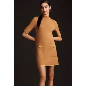 Maeve by Anthropologie Camel Knit‎ Mock Neck Short Sleeve Dress X-Small